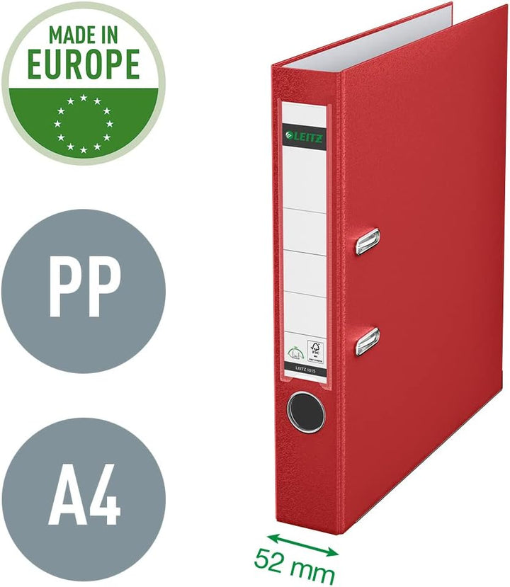 Leitz Qualitäts-Ordner 180° Plastik A4, 10er Pack, Schmal, Rot, 5,2 cm Rückenbreite, PP-laminierter