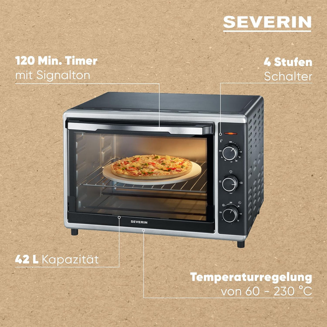 SEVERIN Back- und Toastofen mit Umluftfunktion, Mini Backofen mit Grillrost, Backblech, Drehspiess u