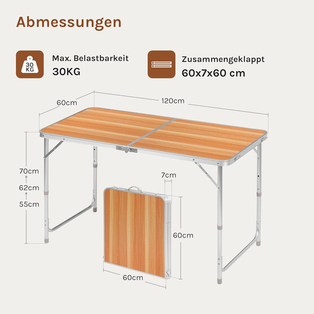 WOLTU Campingtisch Klapptisch Gartentisch Arbeitstisch Balkontisch höhenverstellbar Aluminium MDF He