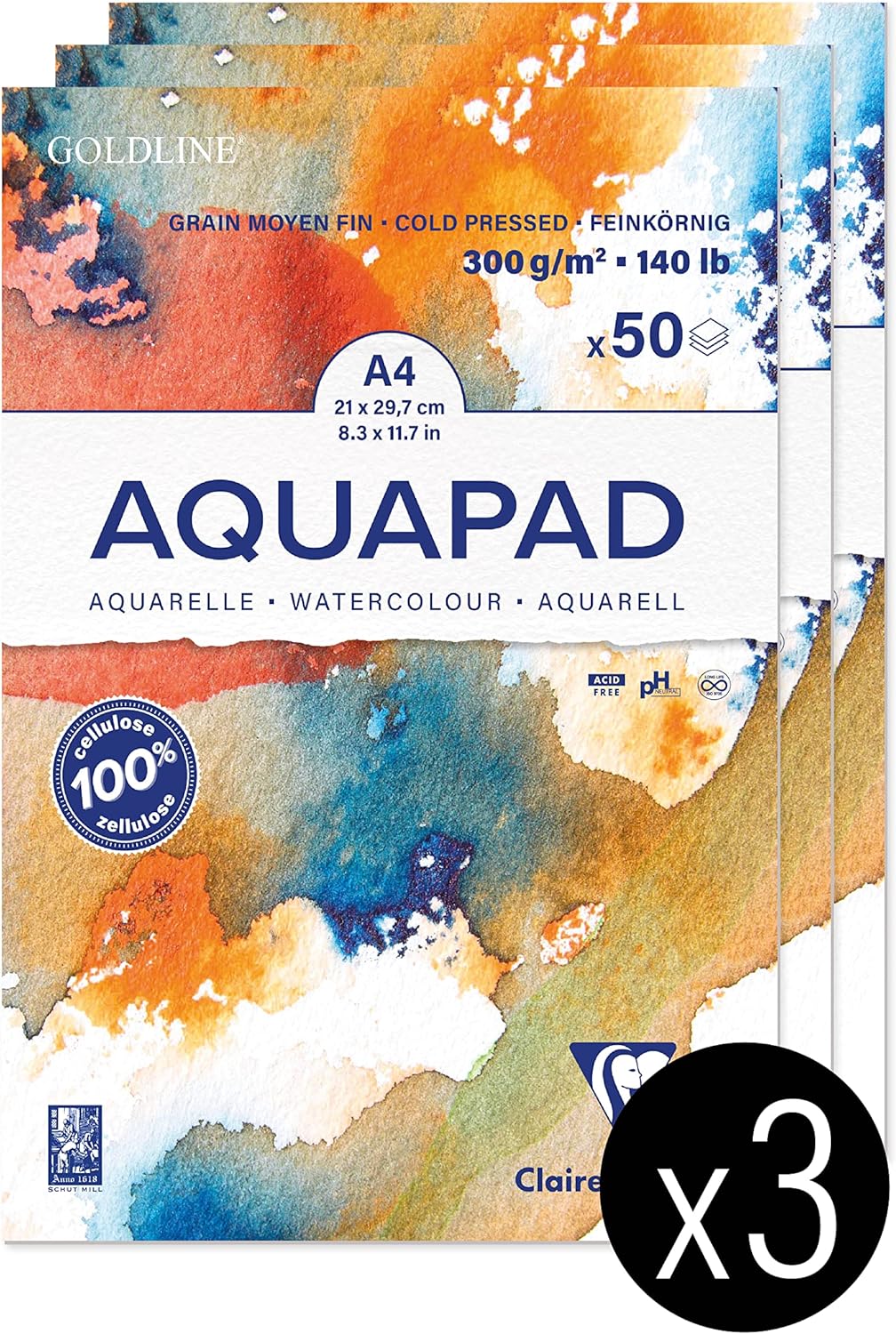 Clairefontaine 975721C - Packung mit 3 Aquarellblöcken Goldline Aquapad A4 geleimt, 50 Blatt weiss 3