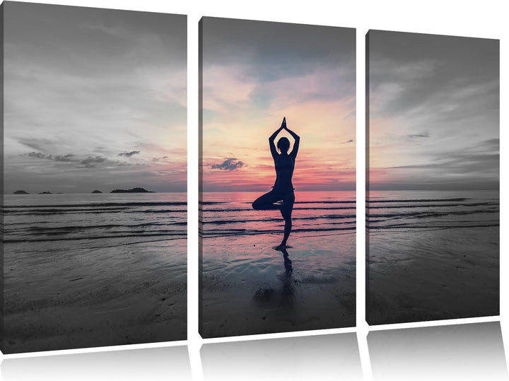 Pixxprint Yoga am Strand als Leinwandbild | Grösse: 3 Teilig (120x80) | Wandbild| Kunstdruck | ferti