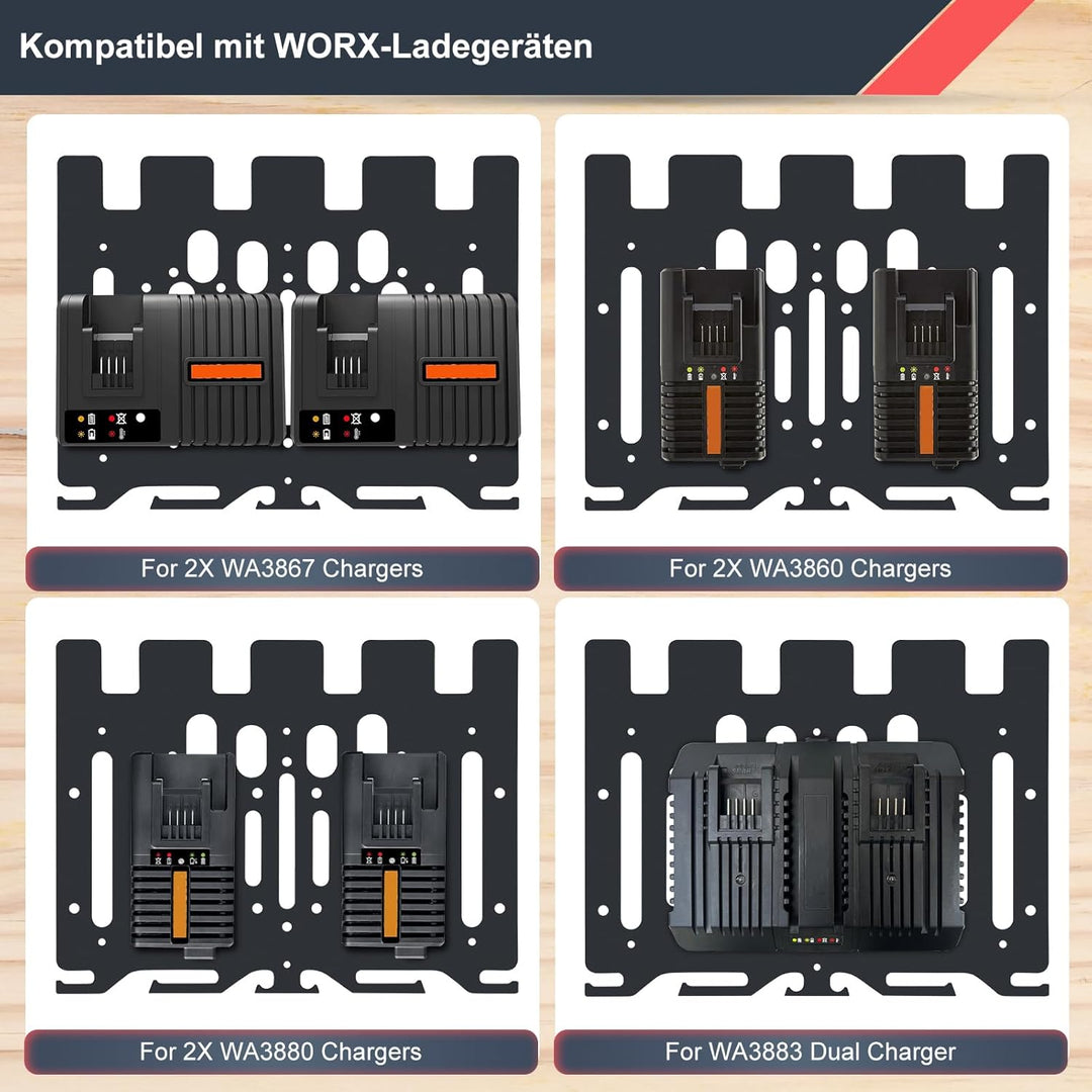 DITKOK Upgrade 3-in-1 Wandhalterung für Worx Ladegeräte, Akkus und Akku-Bohrmaschine, Metall-Akkuhal