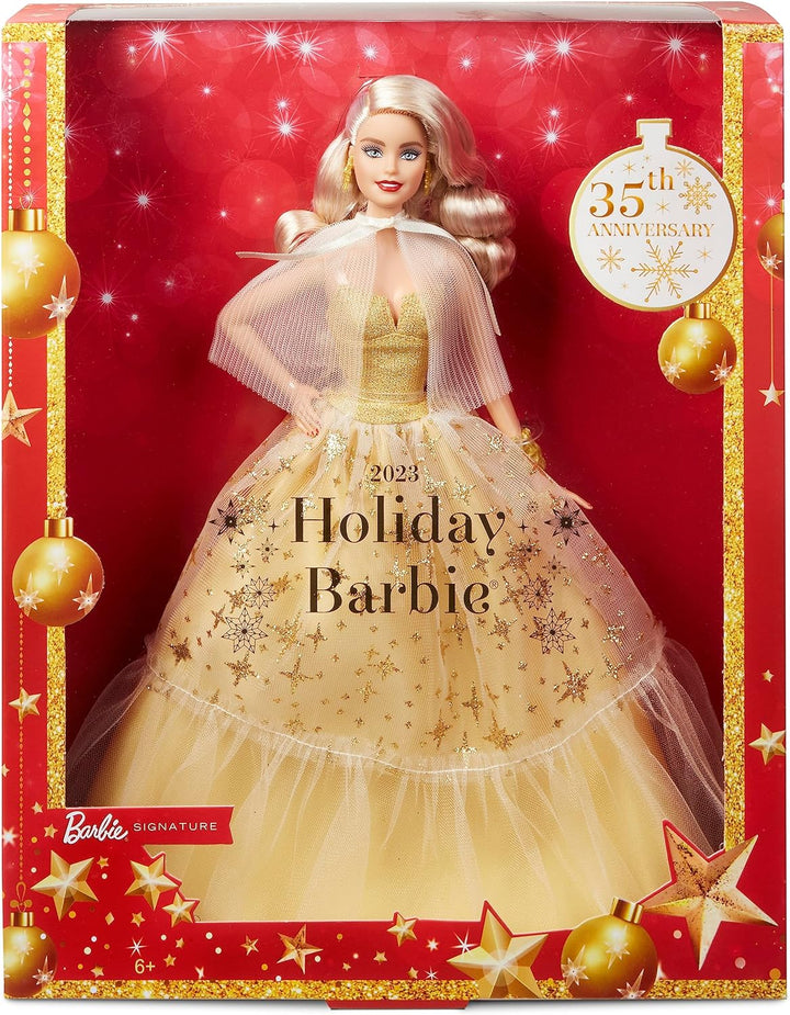BARBIE 2023 Holiday Puppe - 35. Jubiläumsedition mit goldenem Kleid, glitzernden Sternendetails und