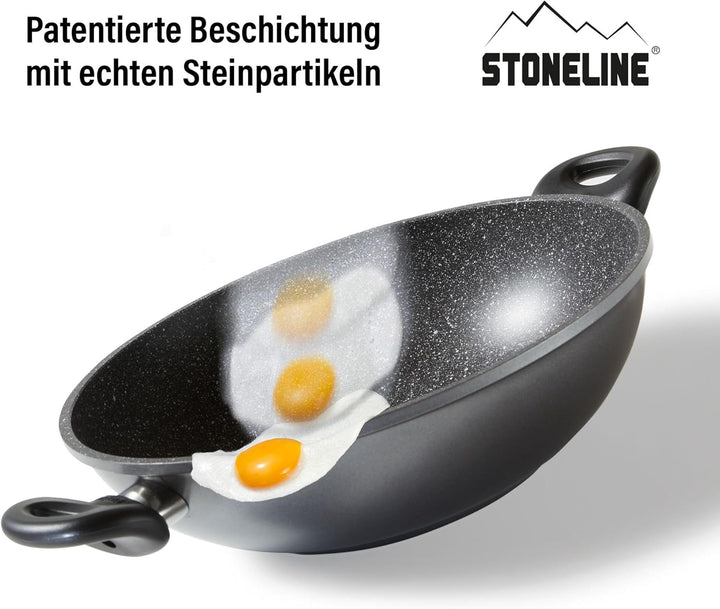 Stoneline Wok 28cm, mit Deckel, Aluguss, Wok Pfanne beschichtet mit echten Steinpartikeln, grau, ohn
