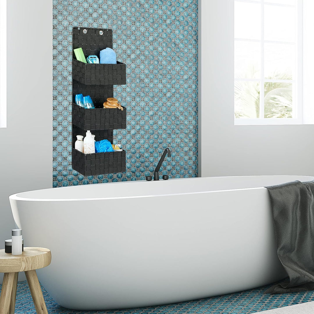 Relaxdays Hängeorganizer Stoff, Türorganizer mit 3 Aufbewahrungskörben, Wandorganizer Bad, PP, HBT: