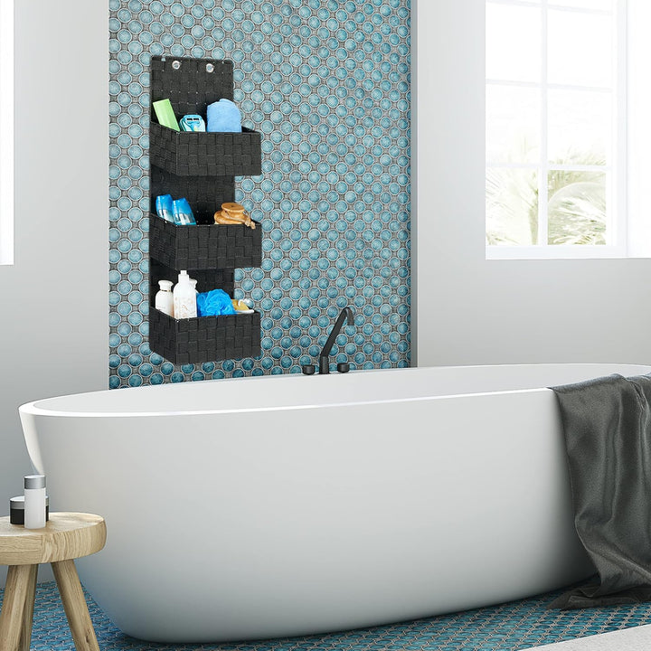 Relaxdays Hängeorganizer Stoff, Türorganizer mit 3 Aufbewahrungskörben, Wandorganizer Bad, PP, HBT: