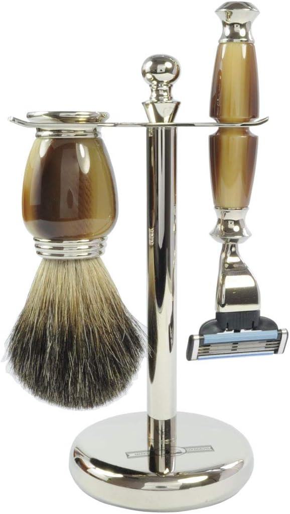Golddachs Rasierset Galalith/silber, Kunsthorn/Messing-Bestückung, 100% Dachshaar