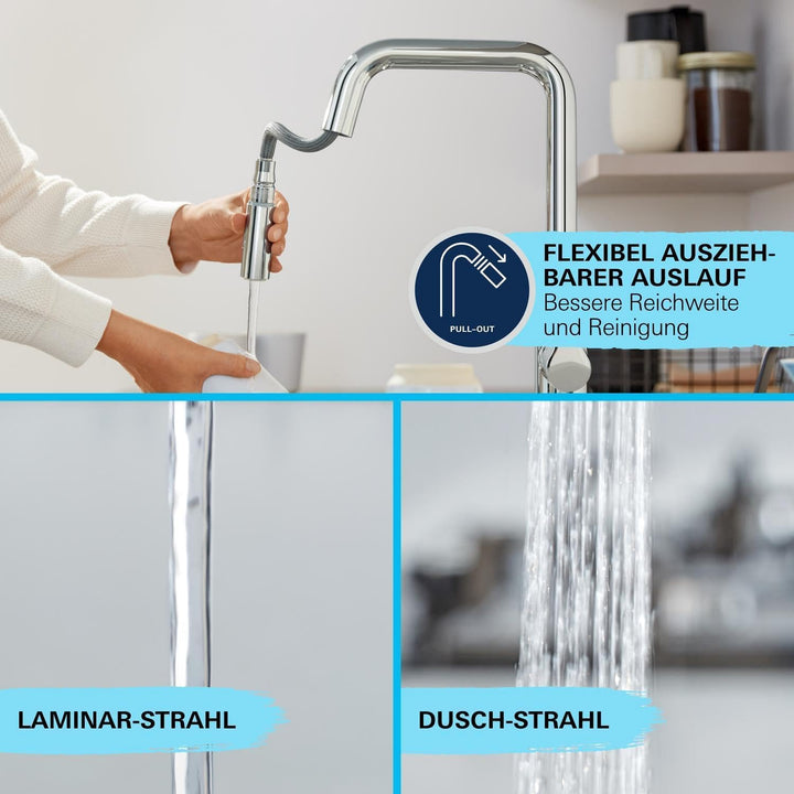GROHE StartEdge - Einhand- Spültischarmatur (hoher Auslauf, herausziehbare Mousseurbrause, Schwenkbe