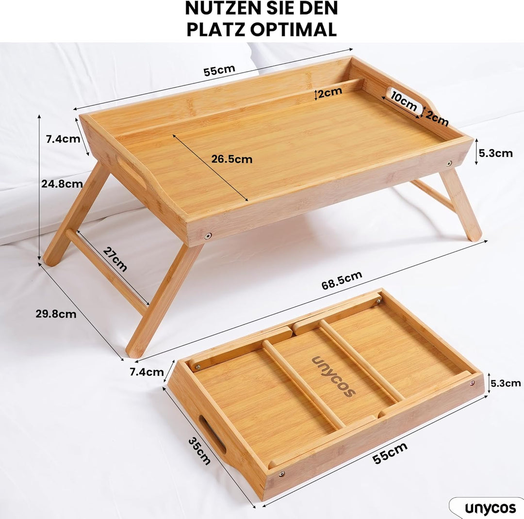 unycos - Klappbarer Laptoptisch aus Bambus 55x35x26.5 cm, Betttisch, Laptop Ständer, Frühstückstable