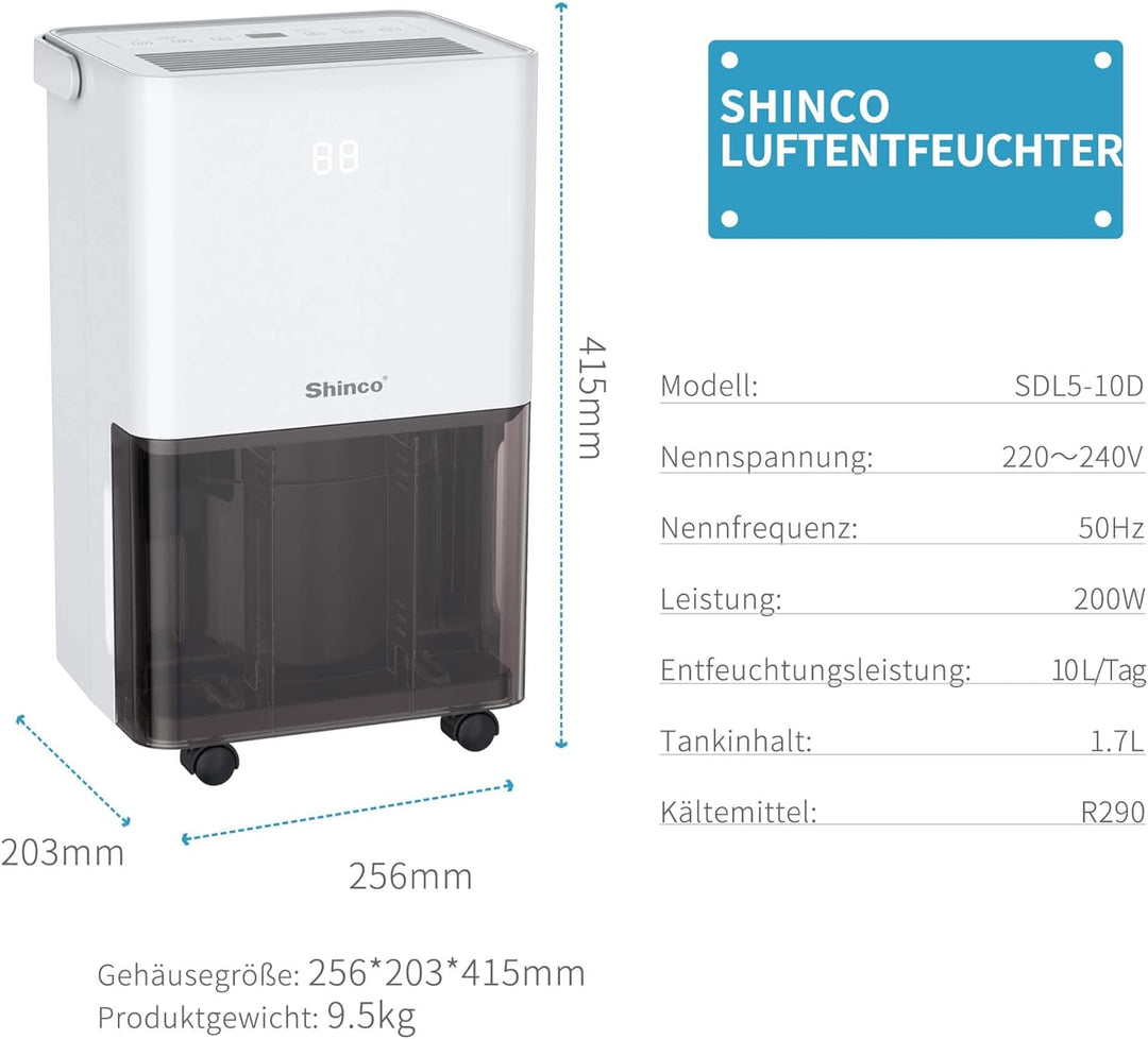 SHINCO 10L Luftentfeuchter, Elektrisch,Raumentfeuchter mit Feuchtigkeitssensor,für 45m³(15m²),Energi
