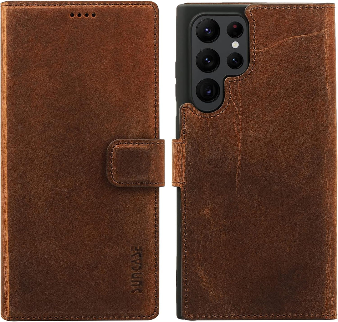 Suncase Book-Style Hülle kompatibel mit Samsung Galaxy S22 Ultra 5G Leder Tasche (Slim-Fit) Lederhül