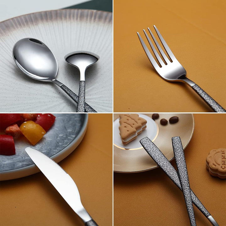 Besteckset 30 Stück Beschichtung mit Schwarzem Marsgriff, Edelstahlmesser Löffel Gabeln Besteckset U