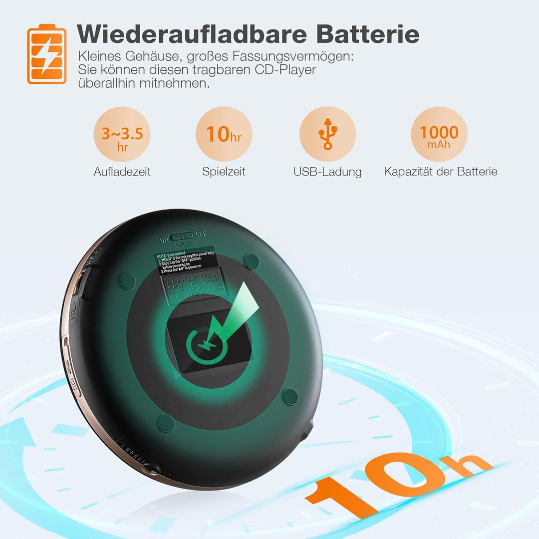 CD Player Tragbar, Tragbarer CD Player mit Bluetooth, Aufladbar CD-Player mit Kopfhörer und AUX Lini