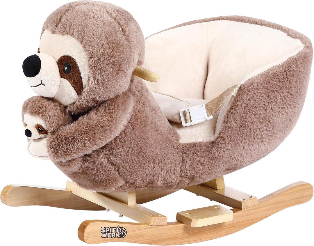 Spielwerk® Schaukeltier Faultier mit Babyfaultier inkl. Sound Effekt Sicherheitsgurt Plüsch Schaukel