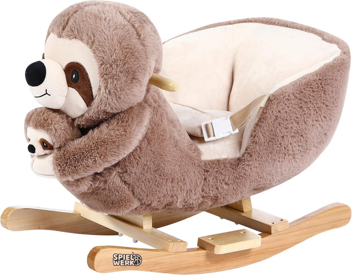 Spielwerk® Schaukeltier Faultier mit Babyfaultier inkl. Sound Effekt Sicherheitsgurt Plüsch Schaukel