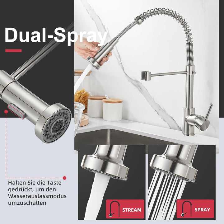 Cobbe Küchenarmatur, Feder-Küchenarmatur mit herunterziehbarem Sprühkopf, 2 Sprühmodi, Einhebel-Spül