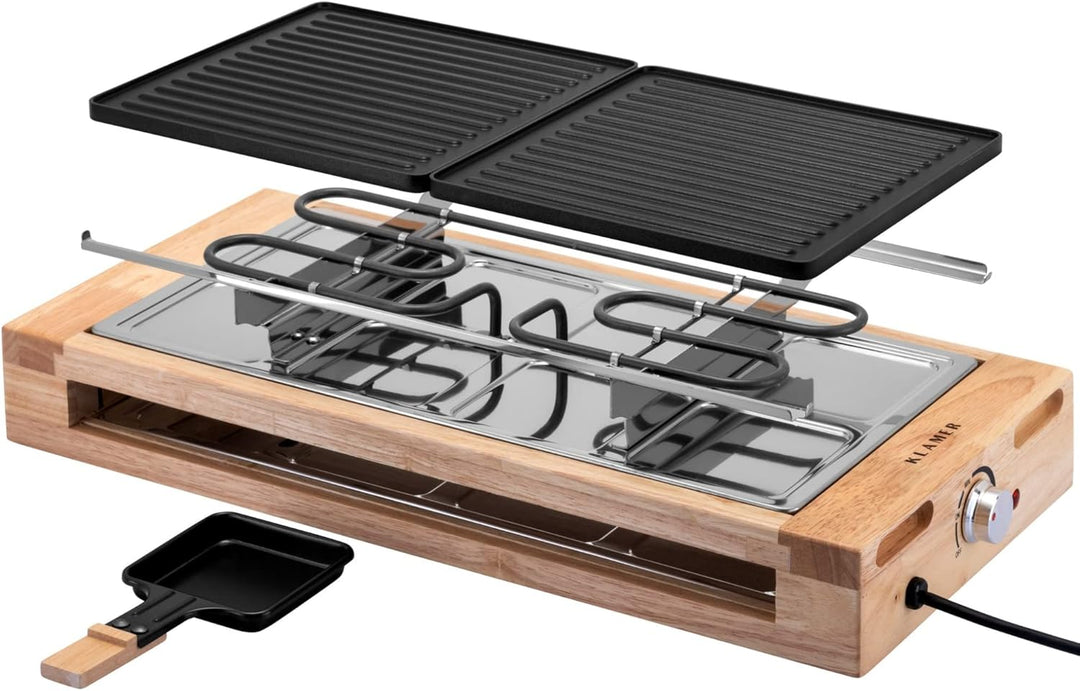 KLAMER Raclette 8 Personen, 1500W Raclette Grill mit Holzgestell, Raclette mit antihaftbeschichteter