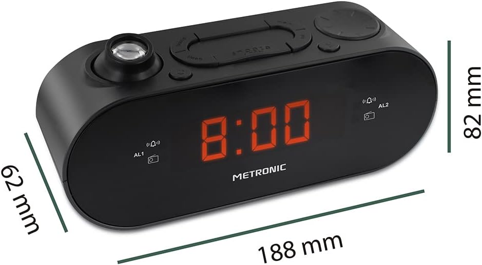 Metronic 477039 FM-Radiowecker, Projektion, doppelter Alarm, mit Sleep/Snooze-Funktion, einstellbare