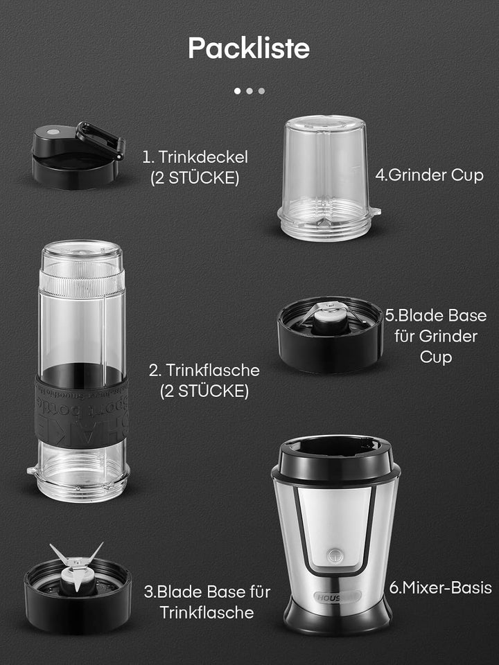 HOUSNAT Smoothie Maker To Go, 500W Standmixer Mixer Kaffeemühle 280ml, Blender Elektrisch mit 2 Trit