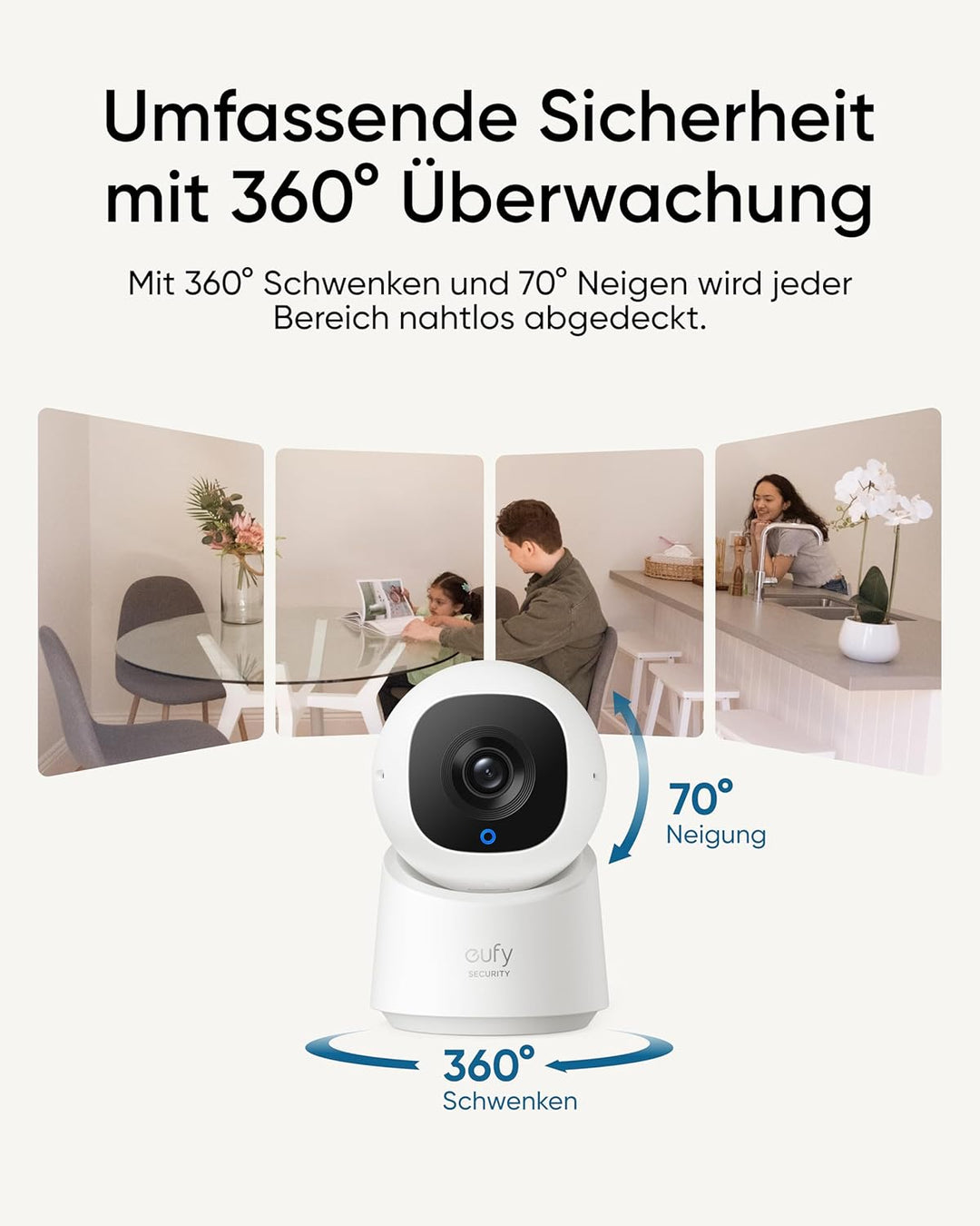 eufy Indoor Cam C220, 2K Überwachungskamera Innen, 360° Schwenk-/Neigefunktion, Indoor-Kamera mit WL