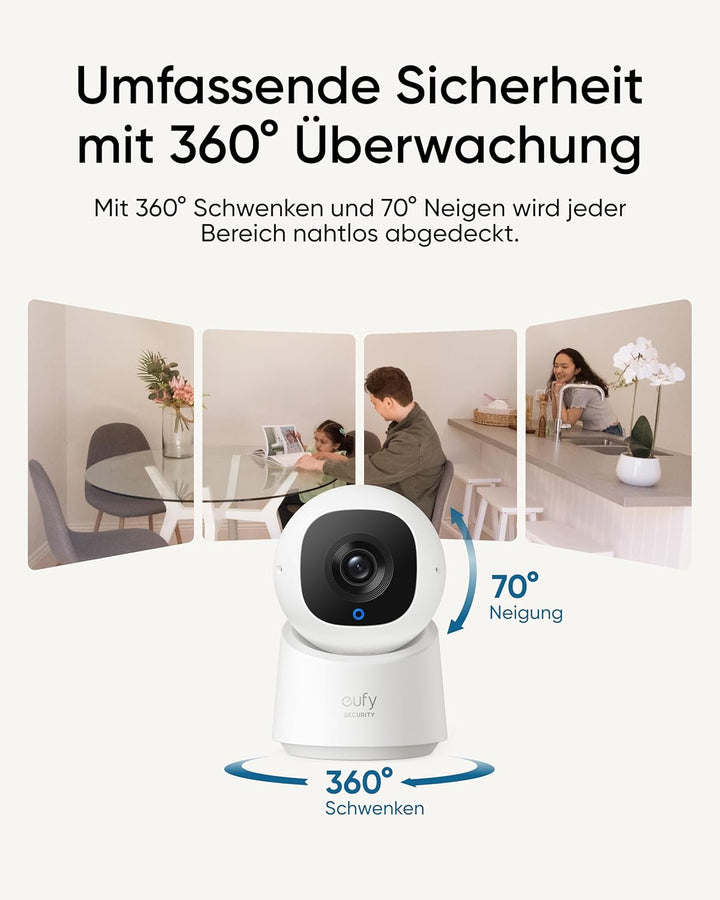 eufy Indoor Cam C220, 2K Überwachungskamera Innen, 360° Schwenk-/Neigefunktion, Indoor-Kamera mit WL
