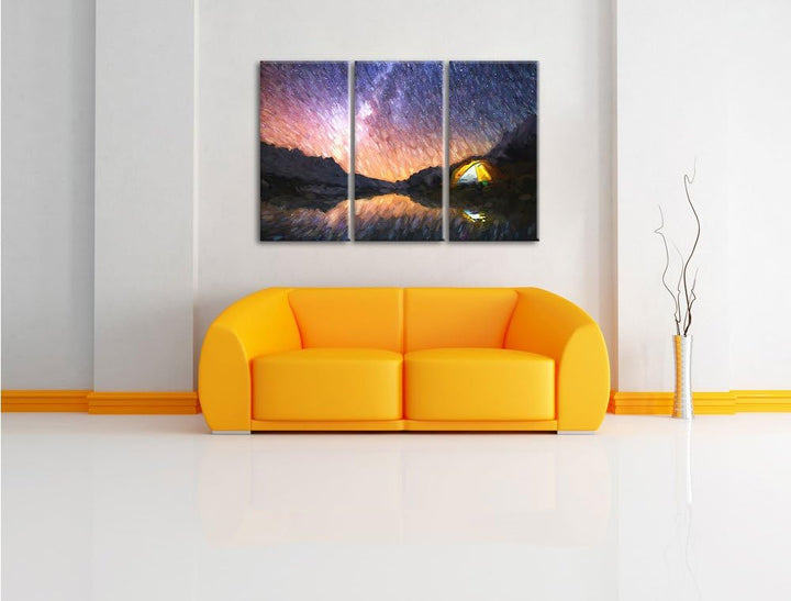 Pixxprint Zelten unter tausenden Sternen / 3-Teilig/Gesamtmass 120cm Leinwandbild bespannt auf Holzr