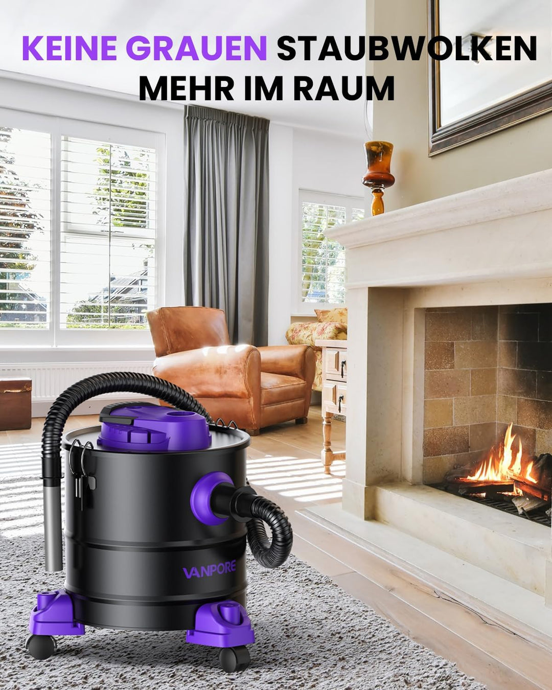 VANPORE Aschesauger für Kamin, 20L Aschesauger, 1200W Starke Saugleistung, Kamin Staubsauger mit Rol