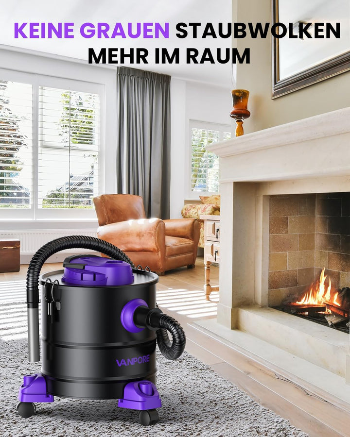 VANPORE Aschesauger für Kamin, 20L Aschesauger, 1200W Starke Saugleistung, Kamin Staubsauger mit Rol