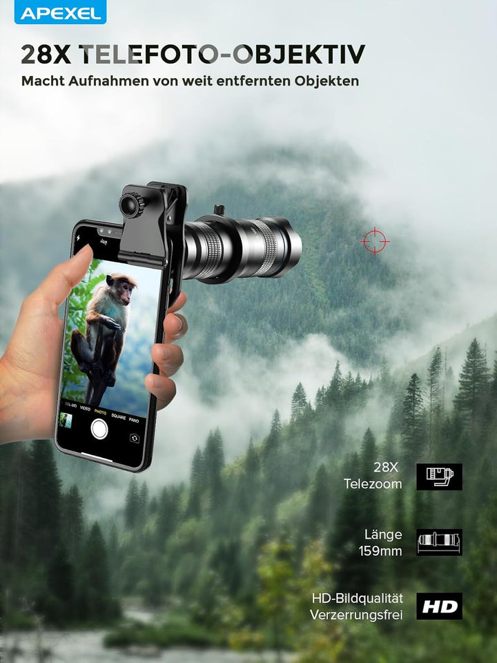 Apexel Teleobjektiv für Smartphone,leistungsstarkes 28-faches HD-Telefon-Teleobjektiv Kameraobjektiv
