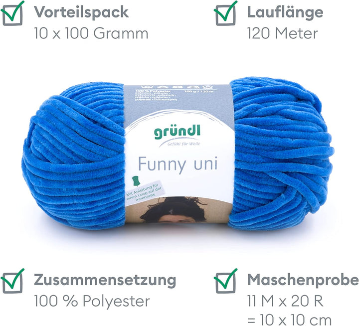 Gründl Funny uni Strick- & Häkelgarn (samtartiges Chenille-Garn aus 100 % Polyester, 10 x 100 g / 12