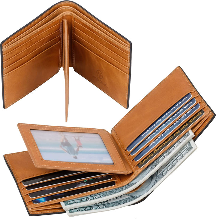 VISOUL Leder Geldbörse Herren mit ID-Fenster & RFID Schutz I Echtleder Geldbeutel für Männer I Porte