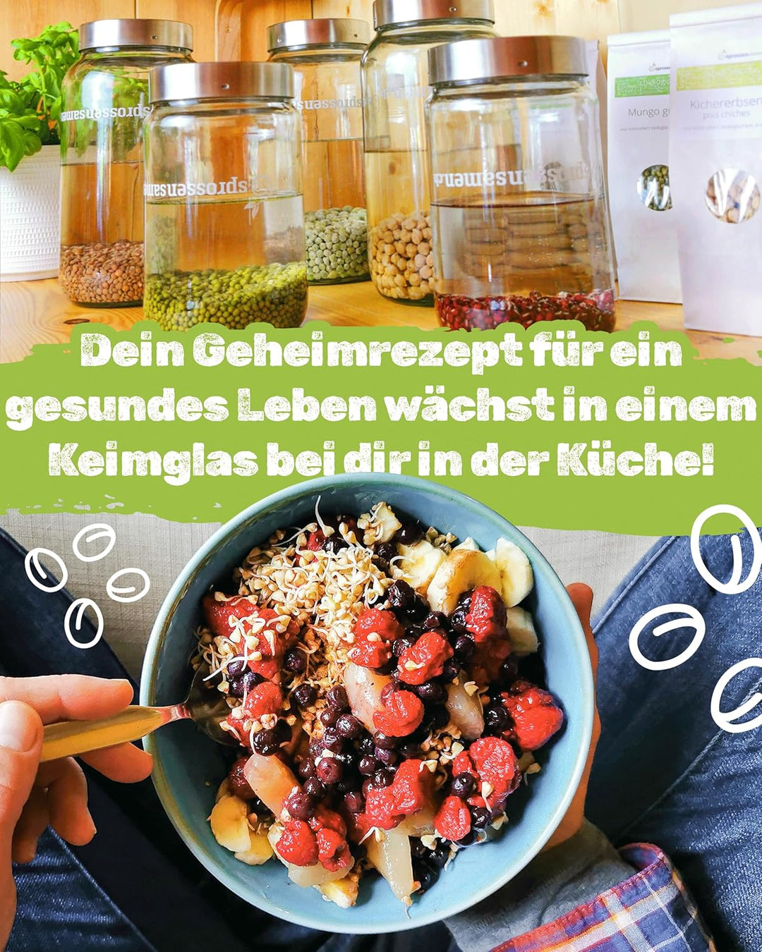 biosprosser Sprossenglas Set mit Starterpaket - Fitness-Mix 250g & Power-Mix 250g - Keimglas für Spr