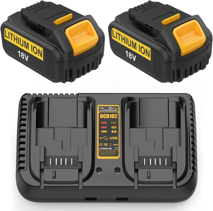 Energup 2 Stück 18V 5.0Ah Ersatzakku + DCB102 Ladegerät für Dewalt Akku 18V DCB184 DCB200 DCB182 DCB
