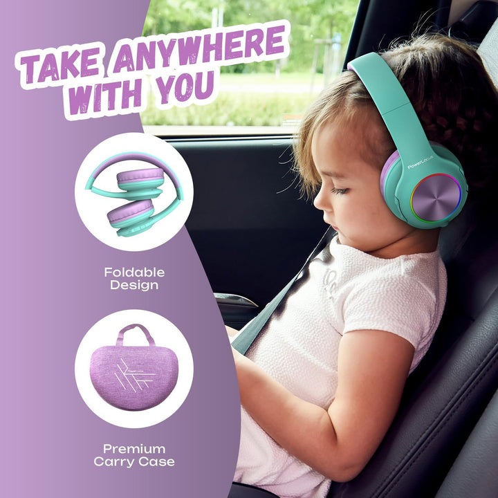 Kinderkopfhörer Bluetooth, PowerLocus Kinder Kopfhörer Kabellos mit LED-Leuchten 74/85/94dB Lautstär