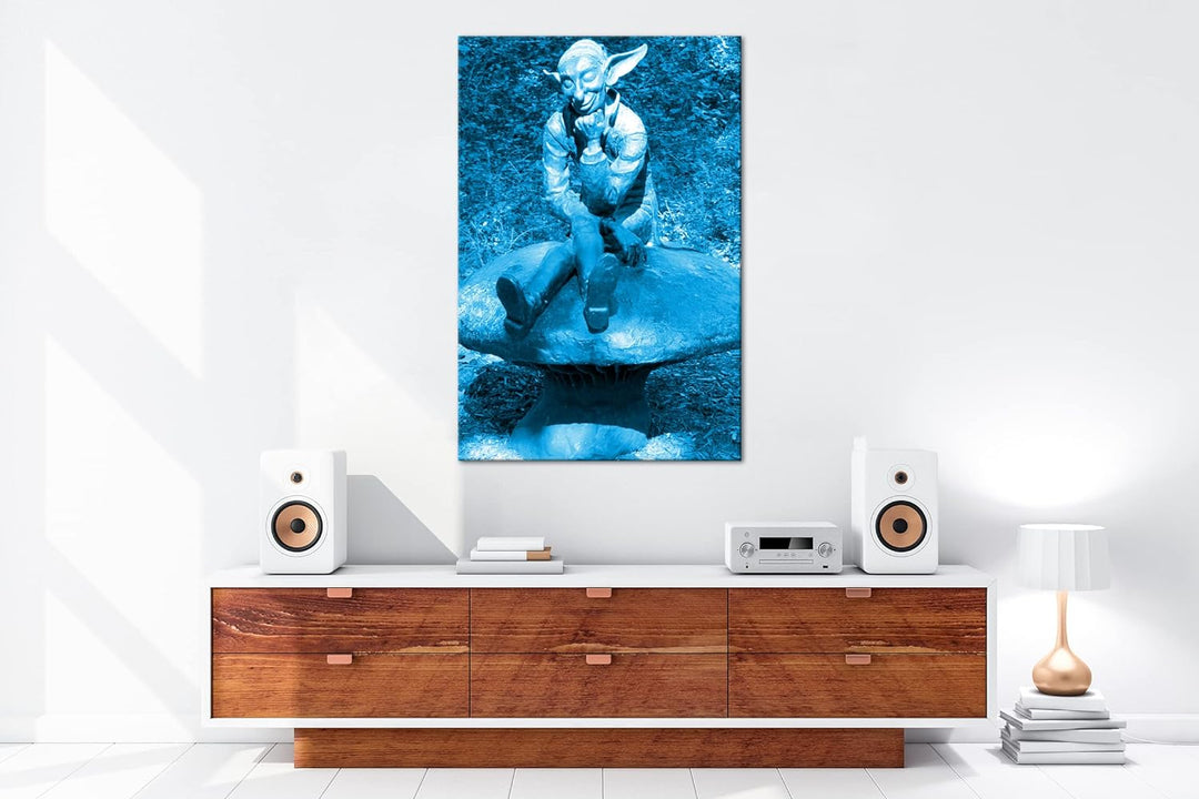 deyoli lustige Koboldstatur Format 80x60 Effekt: Monocrome Blau als Leinwandbild, Motiv fertig gerah