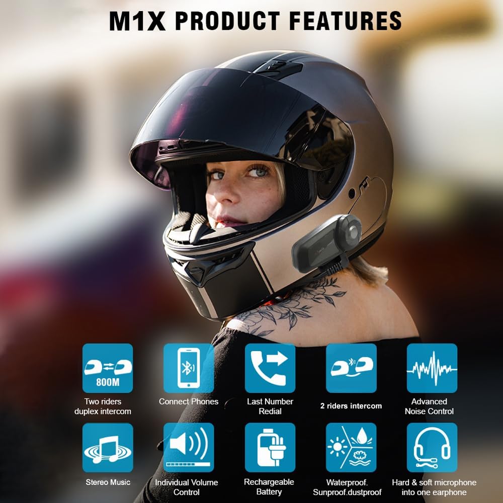QSPORTPEAK Motorrad Intercom Bluetooth Headsets,MX1 Fahrer 800M universelles Intercom,HiFi-Stereosou