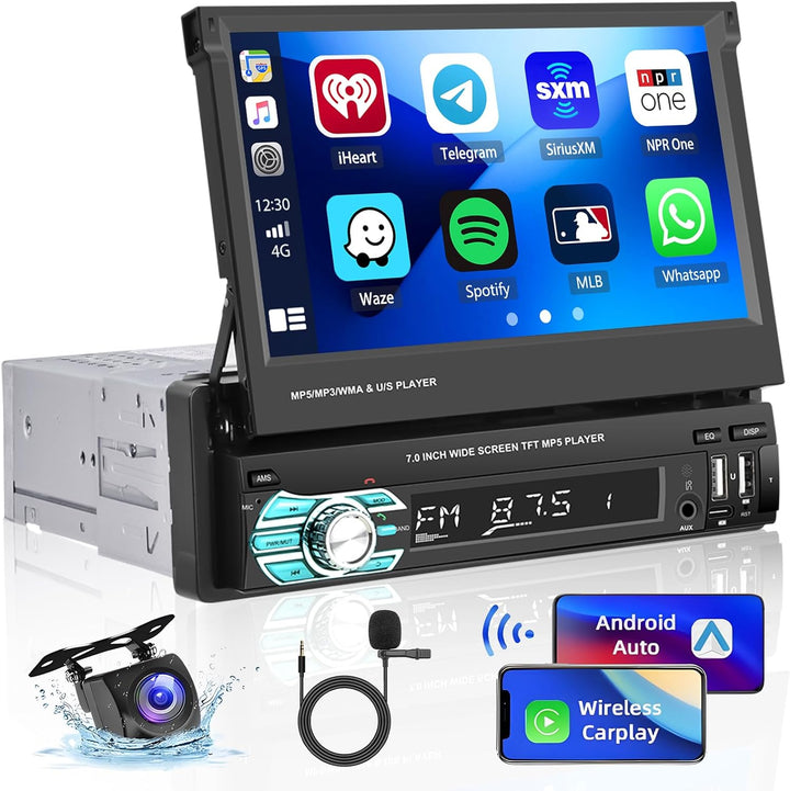 Hikity 1 Din Autoradio mit Wireless Carplay Android Auto Radio mit Slide Out Bildschirm 7 Zoll Touch