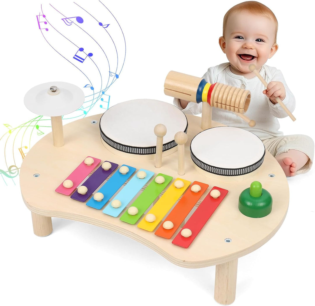 Apritsce Kinder Trommel Set, Musik Kinderspielzeug Aus Holz, Musikinstrumente Baby Set mit Xylophon,