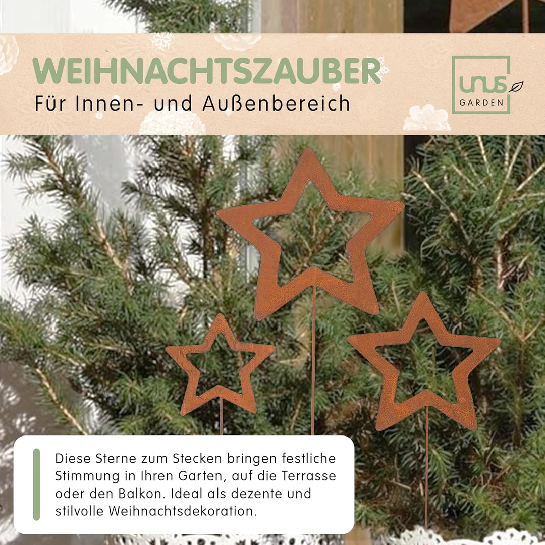 UNUS Gartenstecker Weihnachten Stern, 3X Weihnachtsstern, Gartendeko Rostoptik, Rost Deko wetterfest