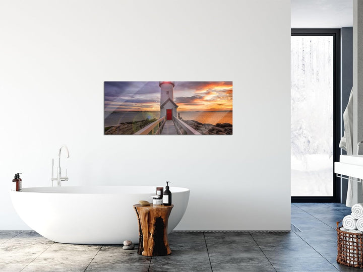 Glasbild Panorama | Wandbild aus Echtglas | Leuchtturm bei Sonnenuntergang | 100x40 cm | inkl. Aufhä