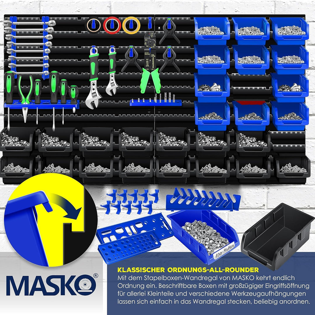 MASKO® Wandregal + Stapelboxen + Werkzeughalter | 45 tlg Box | Erweiterbar | Werkstattregal Lagerreg