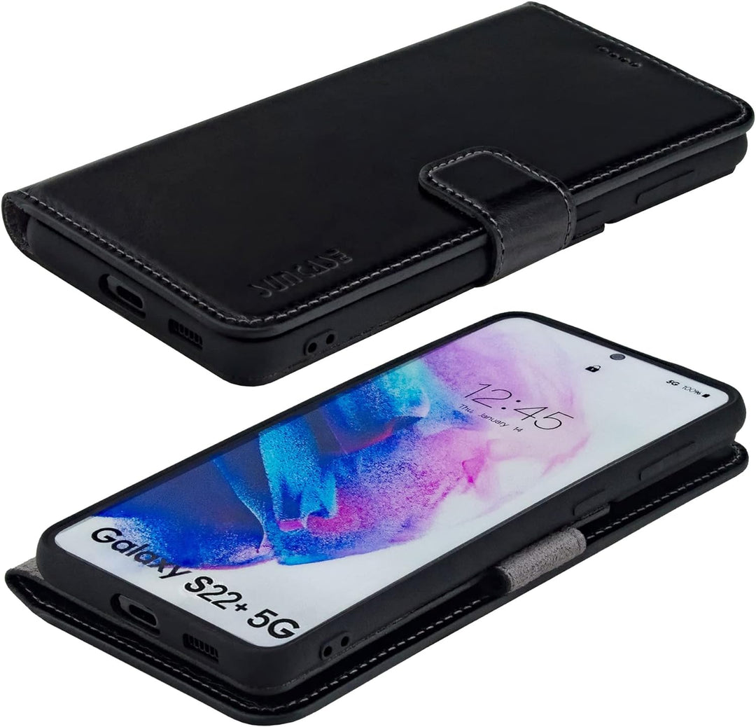 Suncase Book-Style Hülle kompatibel mit Samsung Galaxy S22 Plus 5G Leder Tasche (Slim-Fit) Lederhüll