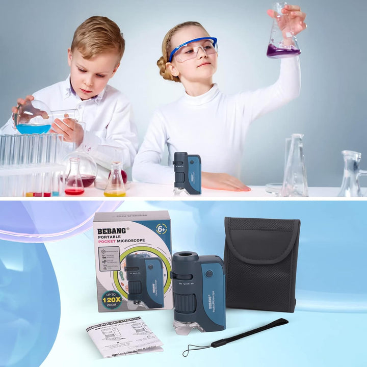 BEBANG Taschenmikroskop für Kinder, handgehaltenes Mini-Mikroskop mit LED, 5 vorbereitete Objektträg