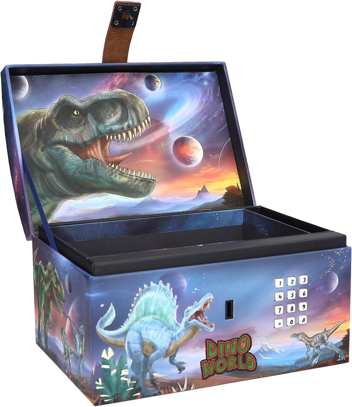 Depesche 13441 Dino World - Schatztruhe im Dino Design mit Planeten, Aufbewahrungsbox mit Code, Soun