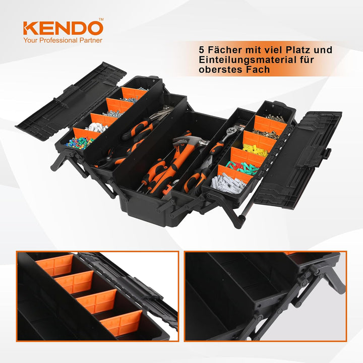 KENDO Werkzeugkasten leer Kunststoff - Leicht und extrem Robust - 46.5 x 23 x 21 cm - 4 aufklappbare