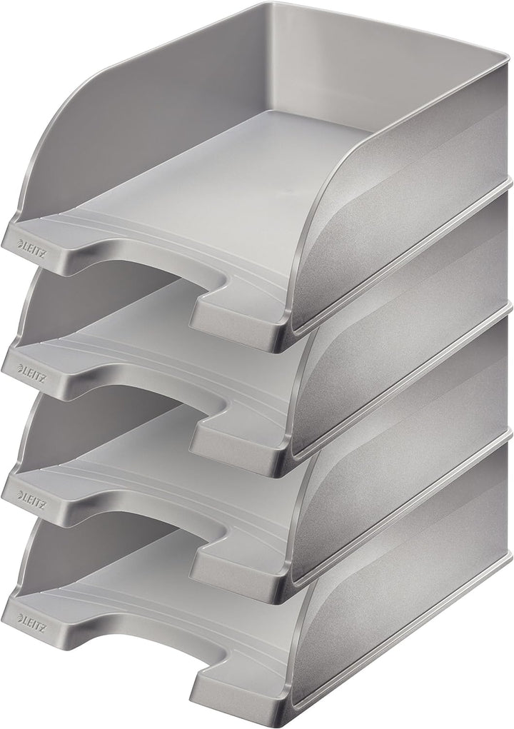 Leitz Briefkorb A4 Jumbo, 4er Pack, Silber, Mit extragrossem Fassungsvermögen, Plus Serie, 52330084