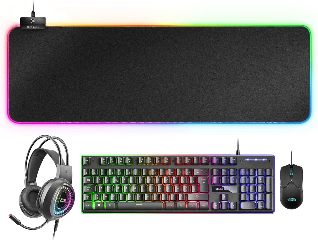 Mars Gaming MCPEXFR, Combo H-Mech Tastatur, Maus, RGB Headset & RGB XXL Mousepad, Französische Sprac