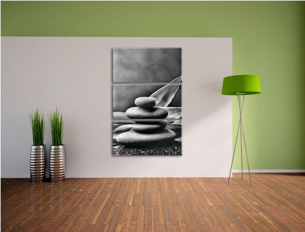 Pixxprint Zen Steine mit Blättern als Leinwandbild/Grösse: 3 Teilig (120x80) cm/Wandbild/Kunstdruck/