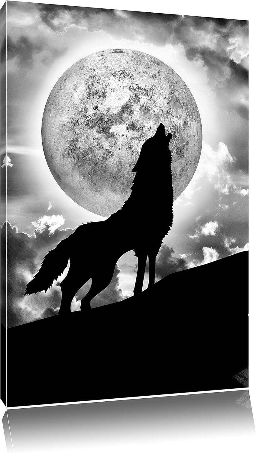 Pixxprint Wolf heult Mond an als Leinwandbild/Grösse: 100x70 cm/Wandbild/Kunstdruck/fertig bespannt,