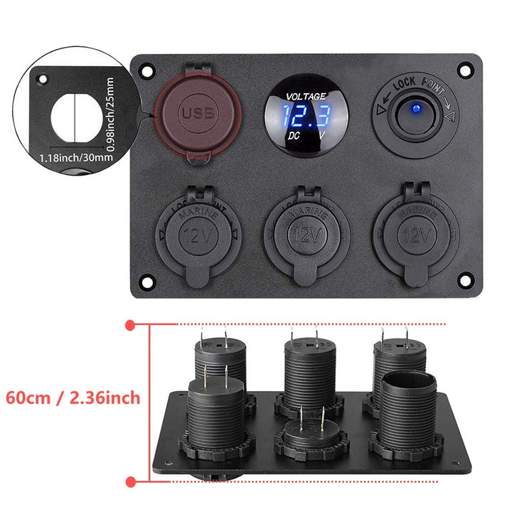 Thlevel 6 in 1 Multifunktionspanel 12V Steckdose Dual USB Ladegerät Blau LED Voltmeter Kippschalter